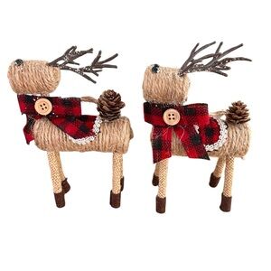 Jute Christmas Reindeer Pinecone Tail Buffalo Plaid Christmas Ornaments